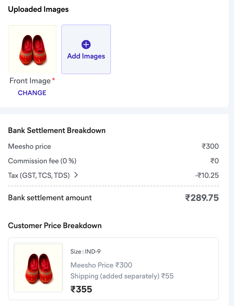 Meesho seller panel showing ₹55 shipping cost