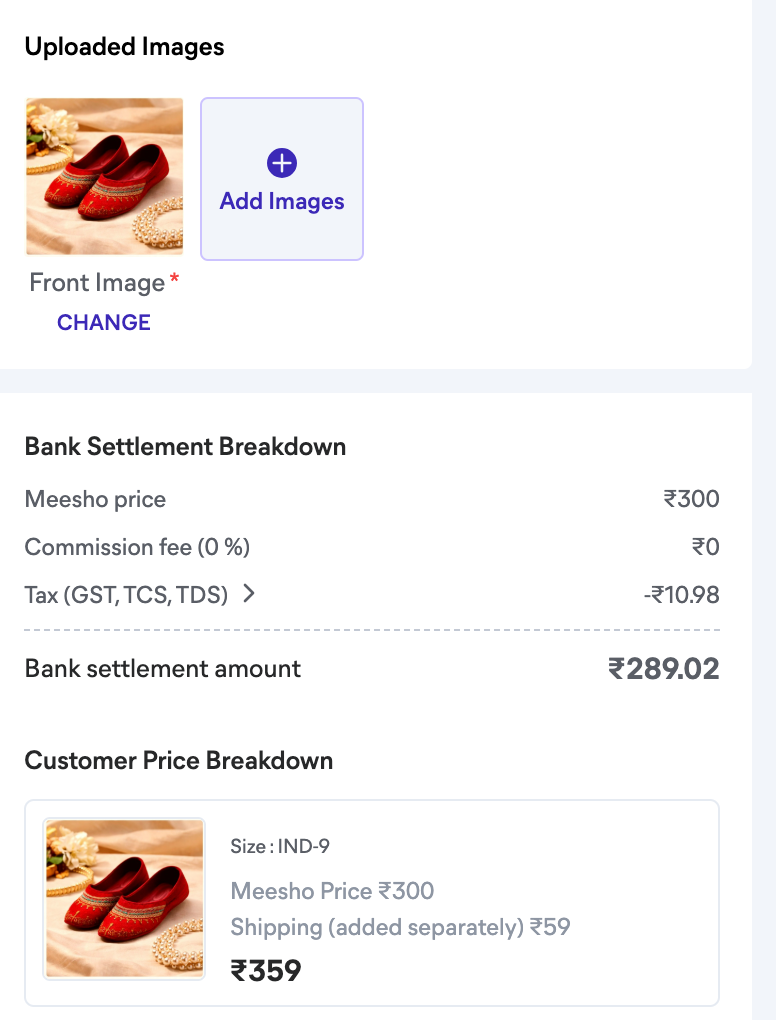 Meesho seller panel showing ₹59 shipping cost