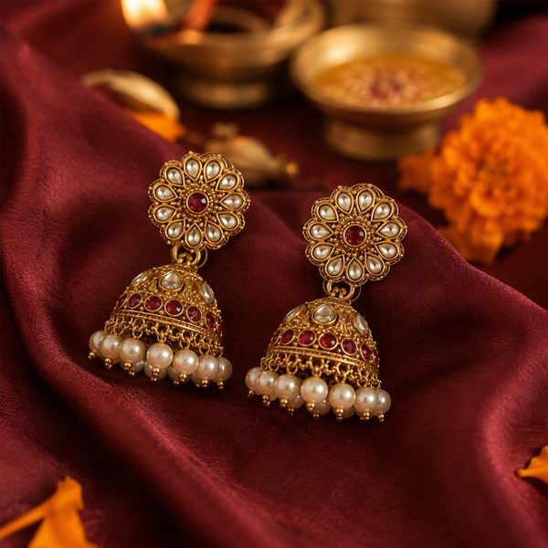 Earrings on maroon silk with diyas and marigolds
